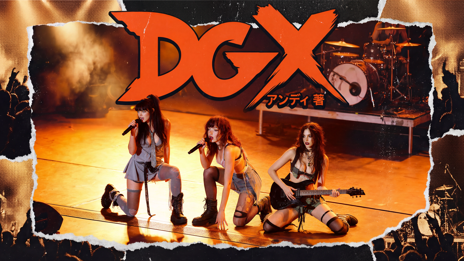 Stage performance imagery representing a virtual band aesthetic, featuring three female performers under dramatic lighting with bold graphic branding, symbolizing the rise of virtual bands as real cultural projects.